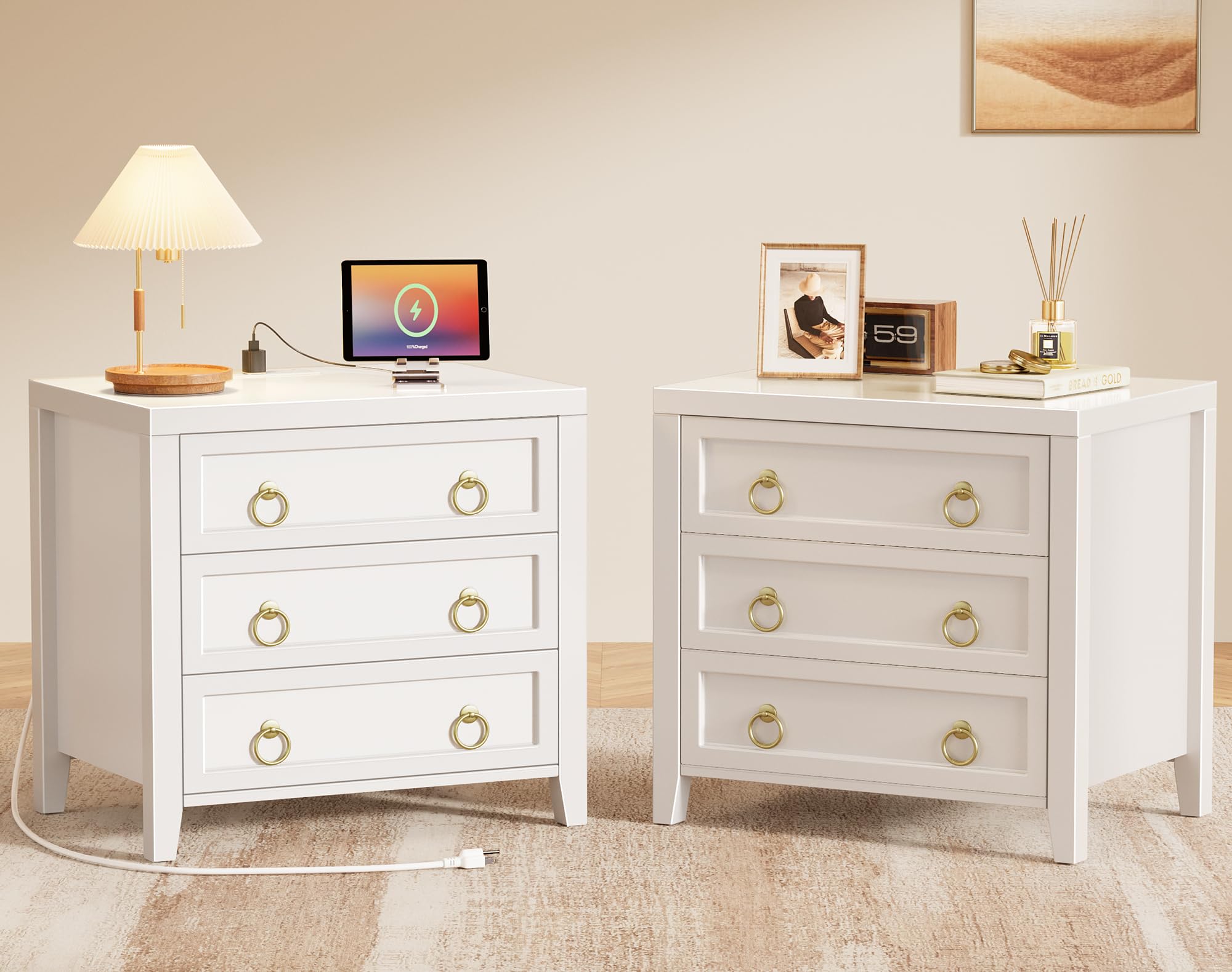Photo 1 of *** BROKEN PIECES*** *** PARTS ONLY ****Huuger Paint Night Stand with Charger Station and USB-C Port, 3 Drawer Nightstands Set of 2, Larger Wider Bedside Table, Modern End Table, for Bedroom, White Nightstand