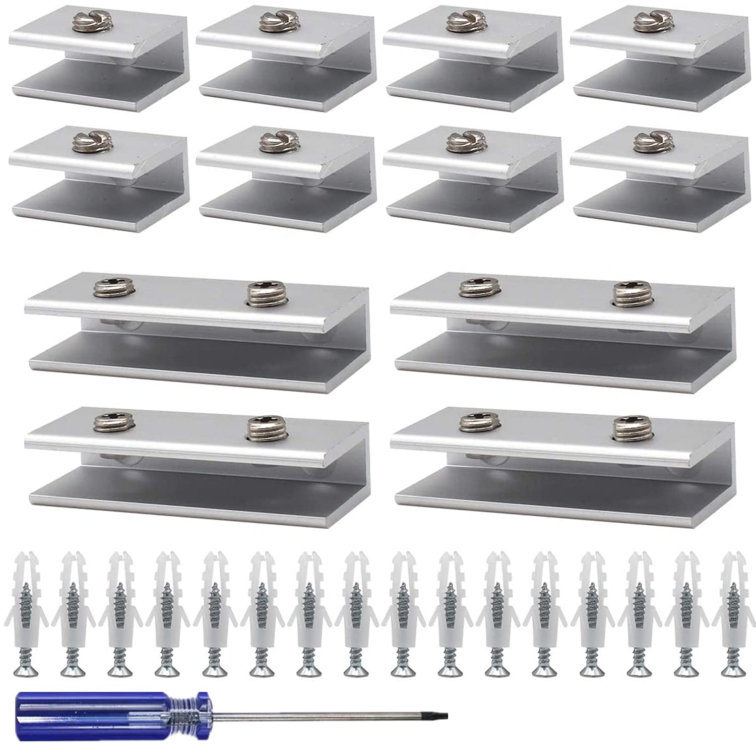13 Pcs Glass Clamp with Slotted Screwdriver 9-10mm Thickness Glass Brackets Glass Hinge Aluminum Glass Shelf Support Solid Glass Clip Shelf Adaptive for Staircase Handrail Balustrades