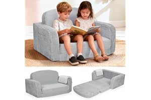 Foryoomi Extra Wide 2 in 1 Convertible Toddler Kids Couch - Corduroy Fold Out Kids Sofa Chair with Blanket, Comfy Comfortable Toddler Chair, Machine-Washable Cover, for Boys Girls, Grey