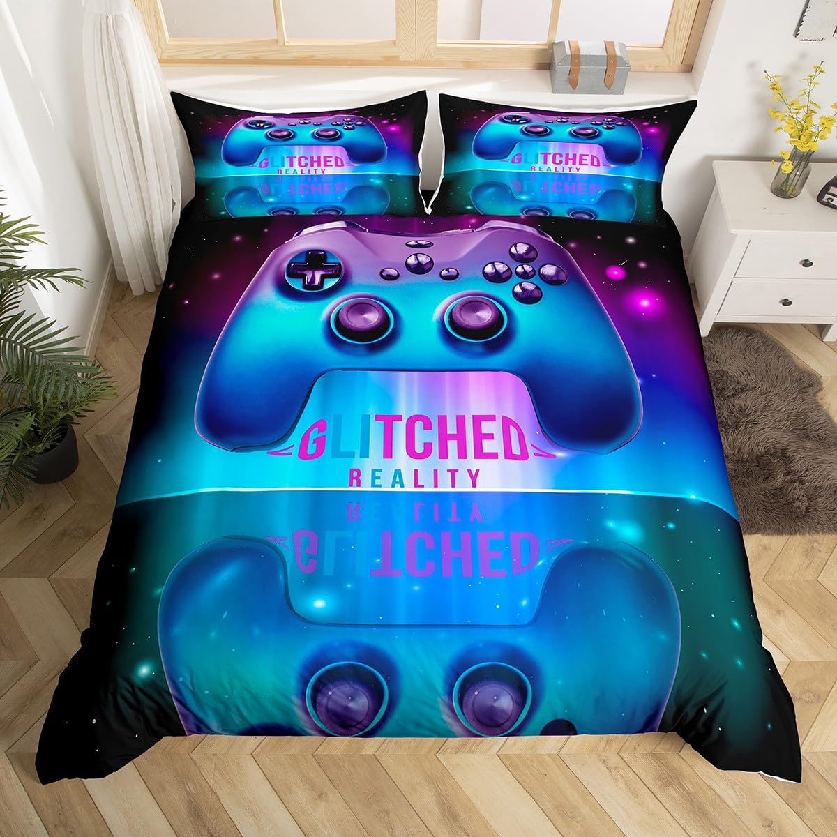 Loussiesd Boys Gamepad Duvet Cover Gamer Bedding Set For Kids Girls Teens Purple Blue Video Game Gamepad Comforter Cover Galaxy Game Controller Quilt Cover Action Buttons Child Bedroom Decor Double