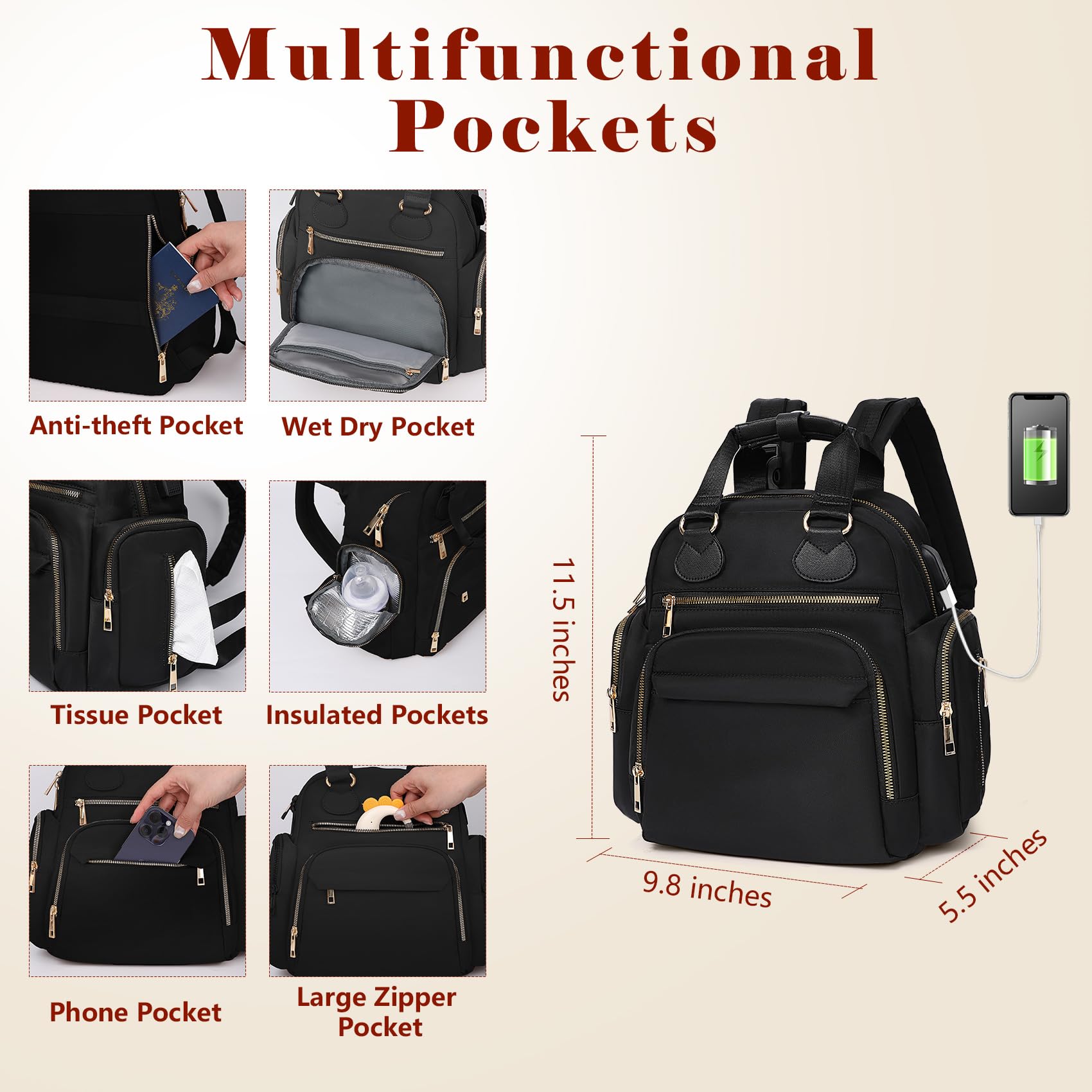 Small Diaper Bag Backpack Mini Baby Diaper Bag with 13 Pockets, Trave Baby Backpack for Boys Girls, USB Charging Port, Wet Dry Bag,3 Insulated Pockets, Stroller Straps,Black