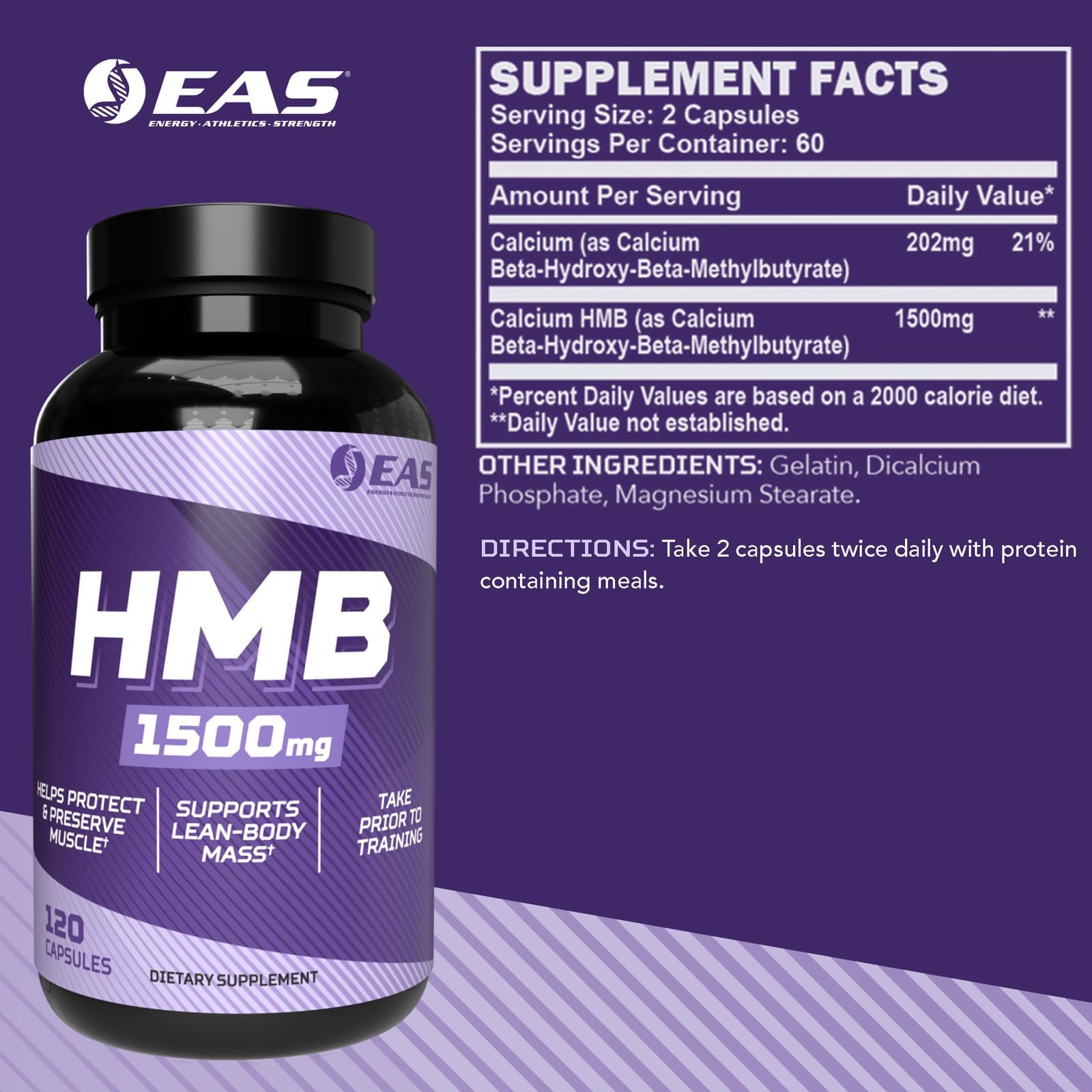 EAS HMB 1500mg | Quality Beta-Hydroxy Beta-Methylbutyrate | Protect & Support Lean Muscle Mass | Enhanced Recovery & Muscle Repair | 120 Capsules