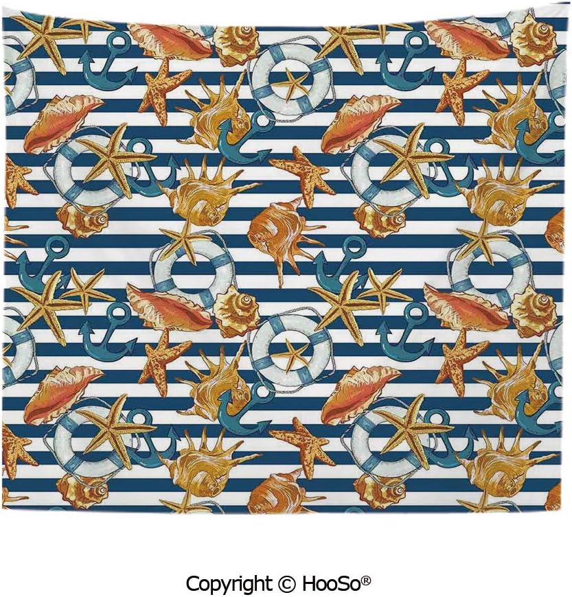 Durable Washable and Reusable tapestry wall hanging carpet 59x79in,Sealife Decor with Sea Animals Shells Stars and Striped Backdrop Art,Golden Navy Blue and White Comfy and No Strange Odor home decor