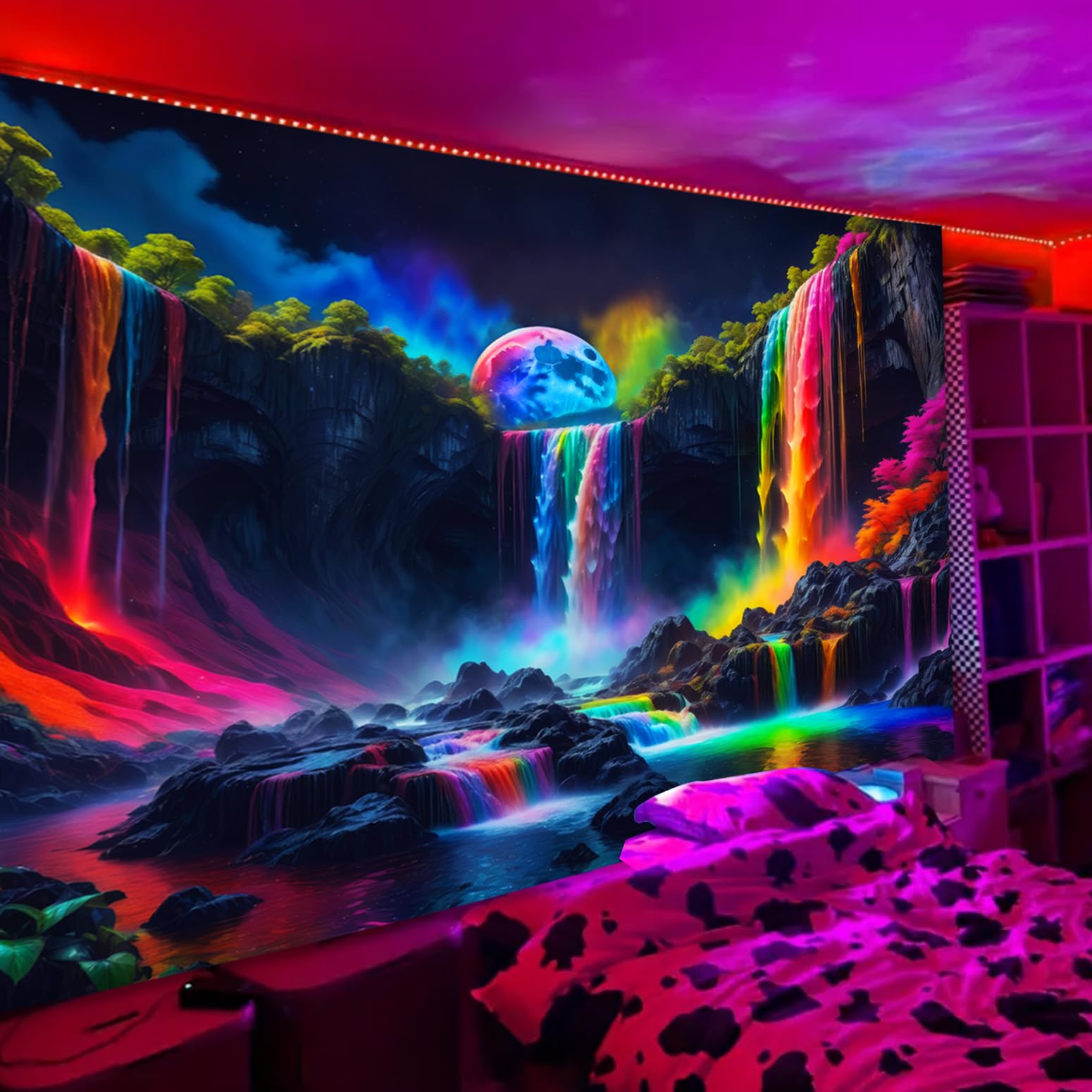 Simpkeely Blacklight Fantasy Waterfall Planet Tapestry UV Reactive Nature Tapestries Neon Landscape Mountain Wave Tapestry Wall Hanging - 180cm x 300cm