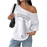 SHENHE Women's Oversized Off The Shoulder T Shirt Letter Print Graphic Short Sleeve Vintage Tee