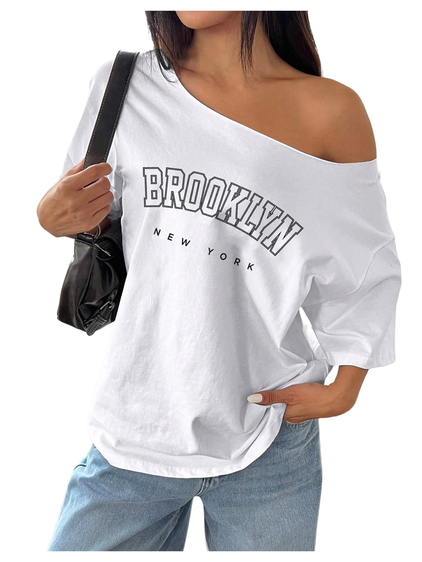 Photo 1 of SHENHE Women's Oversized Off The Shoulder T Shirt Letter Print Graphic Short Sleeve Vintage Tee White Small