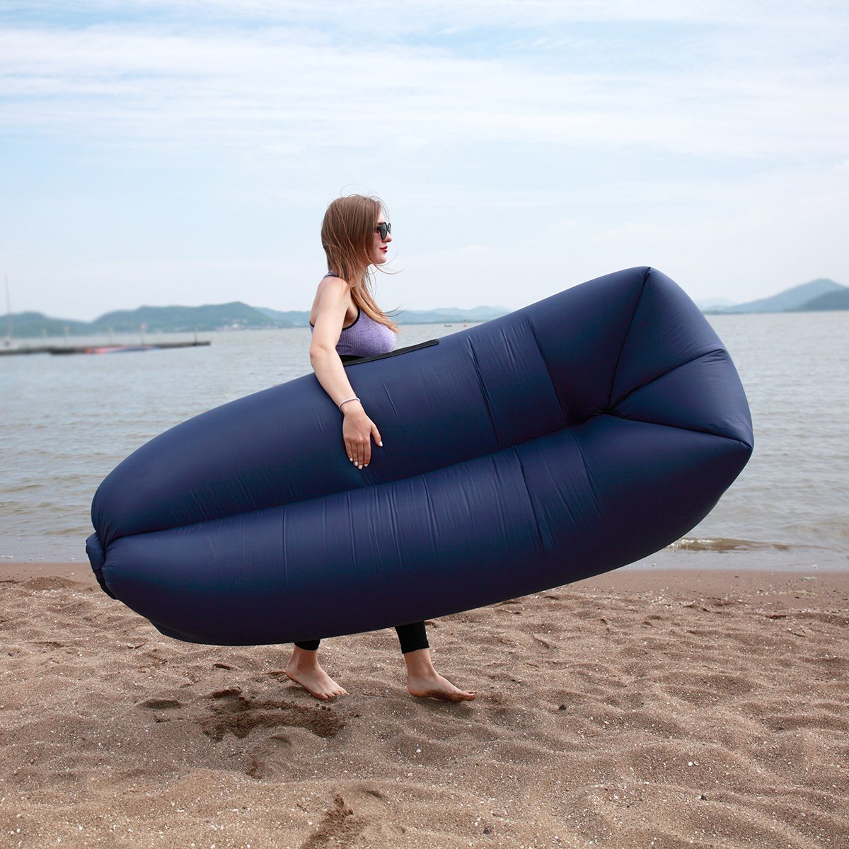 Inflatable Lounger Couch, Air Sofa Bed Chair with Cozy Ergonomic Angle and Fast Inflatable Design, Load-Bearing 500 LBS (Deep Blue)