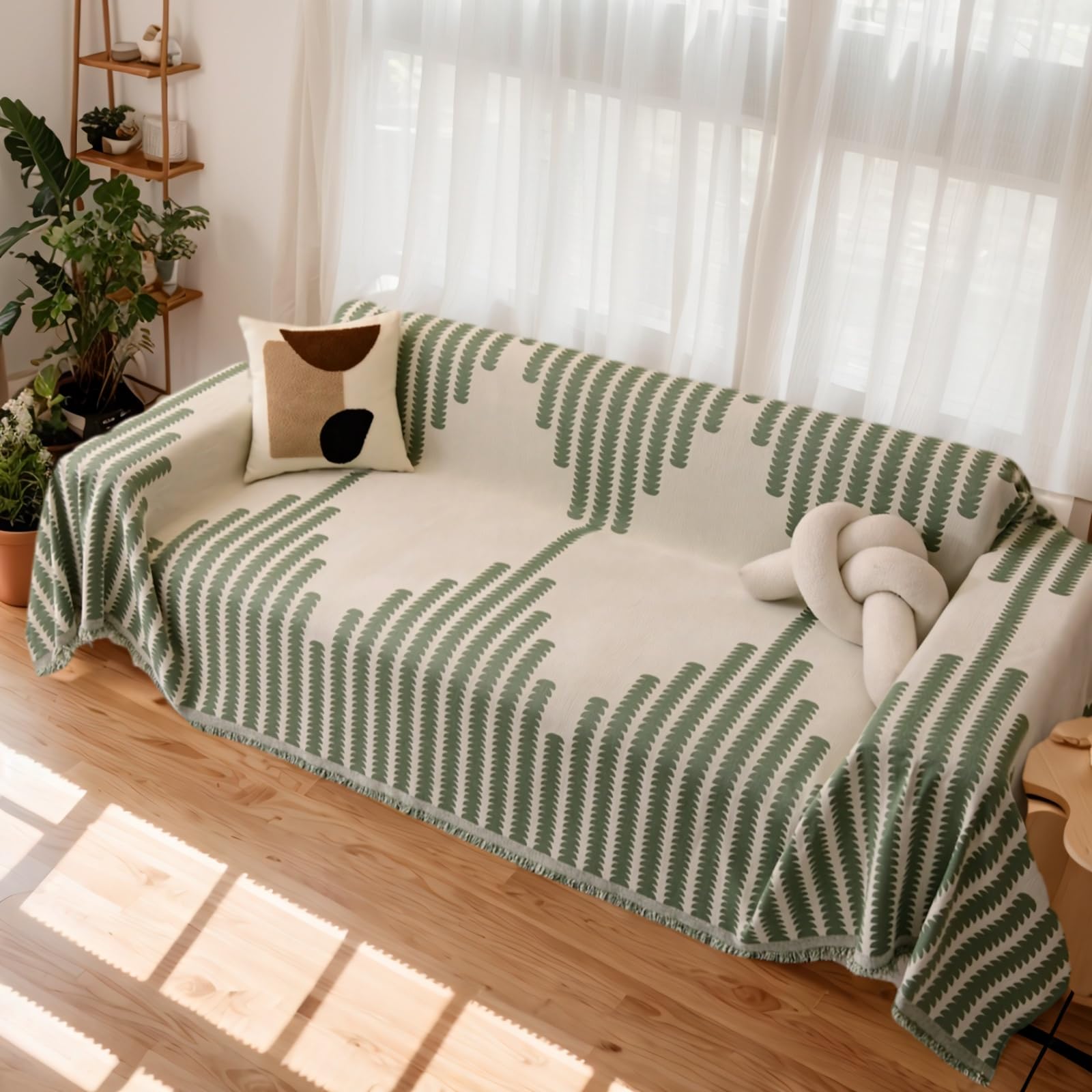 OKYUK Boho Chenille Sofa Cover 2/3/4 Seater & Corner Sofa - Washable, Tassel Design, Pet-Friendly, Breathable, All-Season Multi-use Living Room Furniture Protector(Boho Green, XX-Large (180 * 340cm)