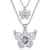 QKABTI Double Butterfly Necklace, 925 Sterling Silver Layered Butterfly Amethyst Pendant with CZ, Boho Dainty Jewelry Gift for Women