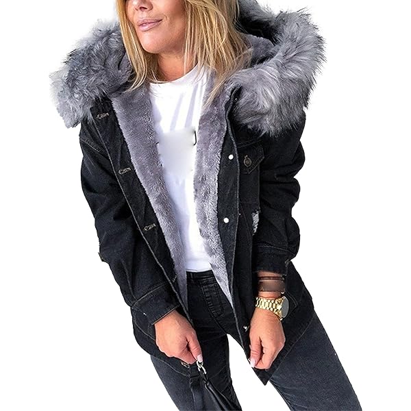 Manteau Femme Chaude à Manches Longues Capuchon En Fourrure D'hiver Blouson Zippé Veste Parka