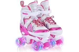 TOMSHOO Roller Skates for Girls Kids Child Beginners, 4 Size Adjustable Light up Wheels Fun Illuminating Purple Pink Skates for Boys Toddlers Patines para niñas