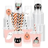 Whaline 48Pcs 12Oz Halloween Plastic Cups with Lids & Straws Ghost Pumpkin Black Cat Disposable Clear Drinking Cups for Holiday Birthday Party Supplies
