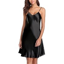 Vlazom Satin Nightshirts Sexy Nightdress Spaghetti Strap Negligee Nightgown  Chemise Slip with Deep V Neck Black at Amazon Women's Clothing store