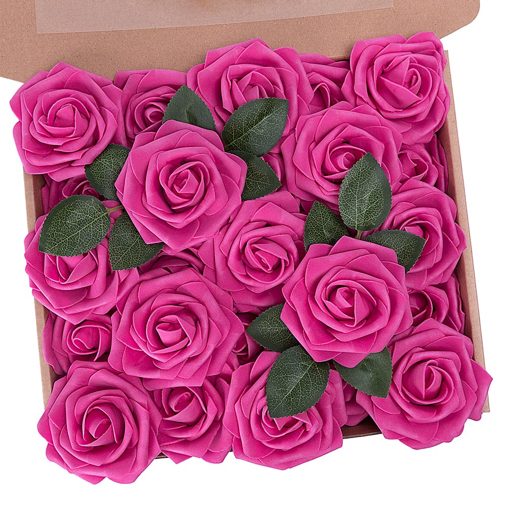 N&T NIETING Artificial Flowers, Foam Roses Perfect for DIY Wedding Bridal Bouquets Centerpieces Bridal Shower Party Home Flower Arrangement Decor 25Pcs, Hot Pink