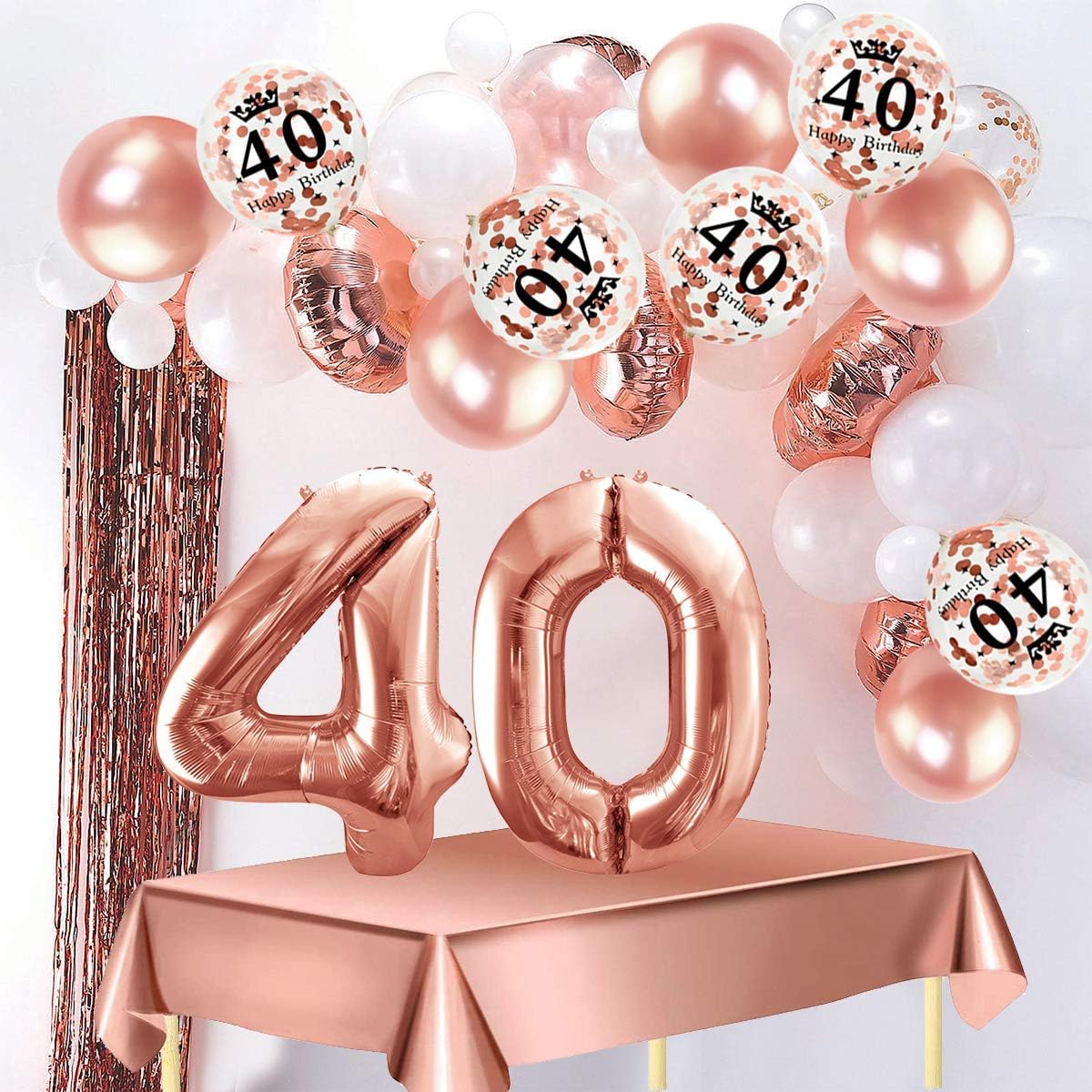 Humairc 40ans Decoration Fete Anniversaire Or Rose Pour Femme Joyeux Anniversaire Banniere 40 Numero Ballon 40 Pouces 2 Franges Rideau Feuille Nappe Confettis Ballon Gateau Topper Table Confettis Decorations Et Accessoires De