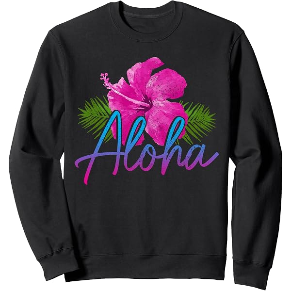 Sweatshirt Hawaii Aloha – Requin Surf Planche, Fleurs Tropicales Hibiscus Orchidée, Vibes Hawaïennes