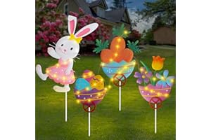 DONSAJI Easter Decorations Outdoor Metal Garden Stakes with Lights - Set of 4 Easter Bunny Egg Yard Signs Spring Easter Yard Decorations Lawn Signs for Patio Lawn Garden Outside