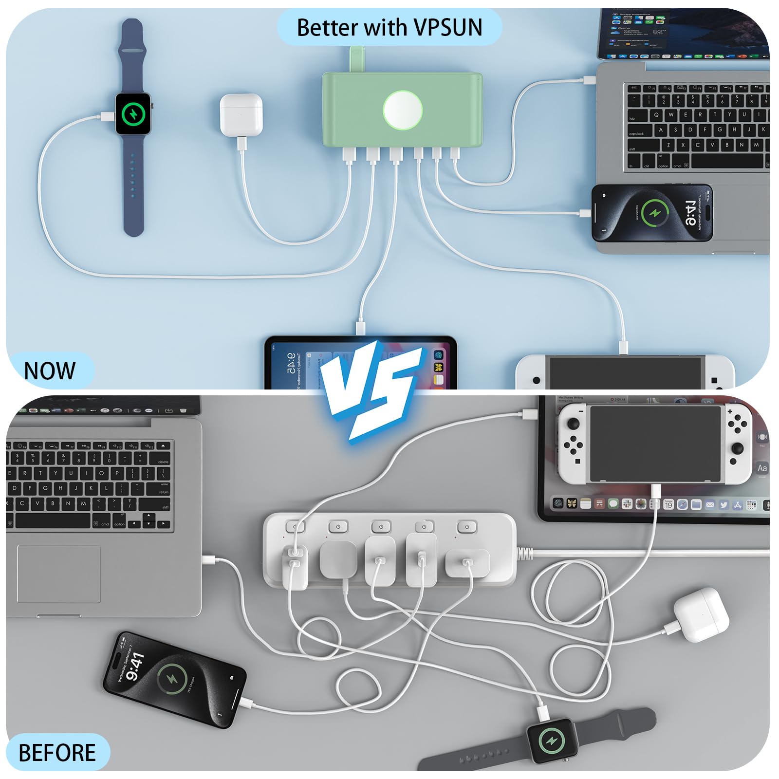 VPSUN 100W USB C Ladegerät Mehrfach für Mehrere Geräte, 6 Port Ladestation 65W USB-C Schnellladegerät für MacBook/iPhone/iPad/Samsung/Pixel/LG(Grün, 100W) 7