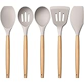 E-far Silicone Cooking Utensils Set, 5-Piece Kitchen Utensils Set with Wooden Handle for Cooking, Silicone Kitchen Nonstick Tools Spatula Turner Slotted Spoons, Nontoxic & Heat Resistant-Khaki