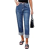 luvamia Straight Leg Jeans for Women Trendy Cropped High Waisted Cuffed Hem Stretchy Boyfriend Capri Jeans with Pockets