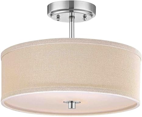 Flushmount Drum Ceiling Light With Cream Linen Shade And Chrome