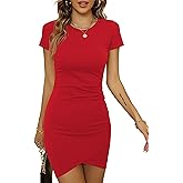 Laughido Women's Ruched Fitted Short Sleeve Bodycon T Shirt Sundress Casual Sheath Dress