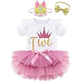 Valcatch Baby Girls 1st / 2nd Birthday Outfit, Romper/T Shirt + Tutu Skirt + Bow Headband + Birthday Crown Hat 4Pcs Set