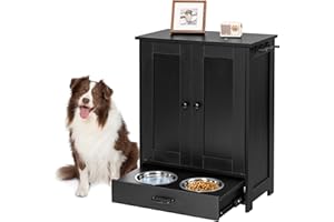 ALINE FURNITURE Dog Feeding Station with Storage Cabinet and 2 Elevated Dog Bowls, Hidden Pet Feeder Station Wood, Dog & Cat Storage Organizer, Black