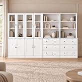 TUSY 71" H Bookcase with Storage | 6-Tier Modern Bookshelf with Drawers, Display Bookcase with Glass Doors, White Curio Cabinet for Home Office, Living Room