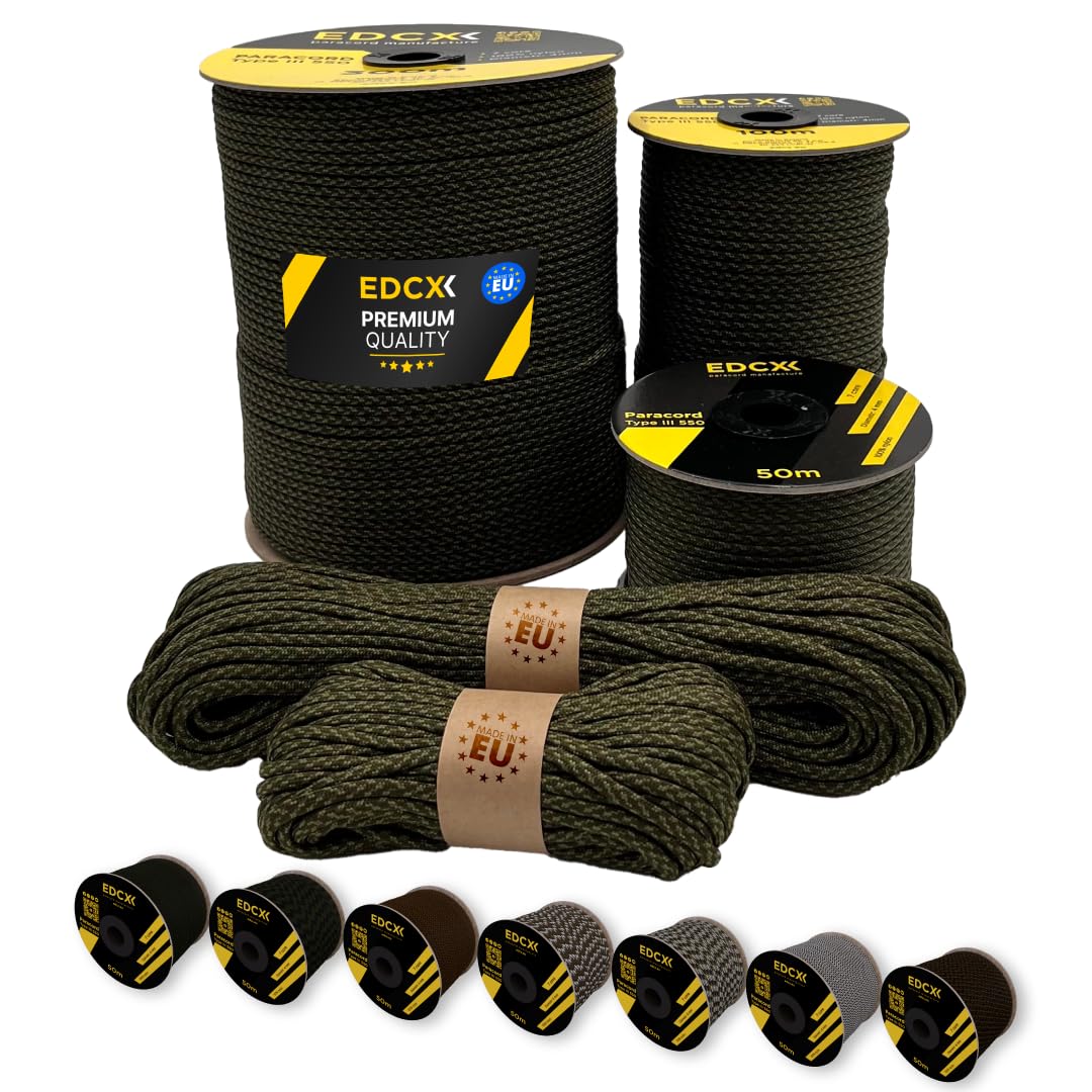 EdcX Paracord 4mm, 20+ Military Colors (15m, 30m, 50m, 100m, 300m) | Ideal for Camping, Survival, Outdoor, Crafting, DIY | 100% Nylon Rope 4mm | Tactical Cord 550 Type III (Tactik Kot, 15 m) — image 1