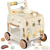Pithfor Wooden Baby Walker, 3-in-1 Baby Push Walker, with Pretend Kitchen, Montessori Sensory Activity Center, Push Walker Toys for Babies Learning to Walk, Sit-to-Stand