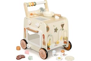 Pithfor Wooden Baby Walker, 3-in-1 Baby Push Walker, with Pretend Kitchen, Montessori Sensory Activity Center, Push Walker Toys for Babies Learning to Walk, Sit-to-Stand