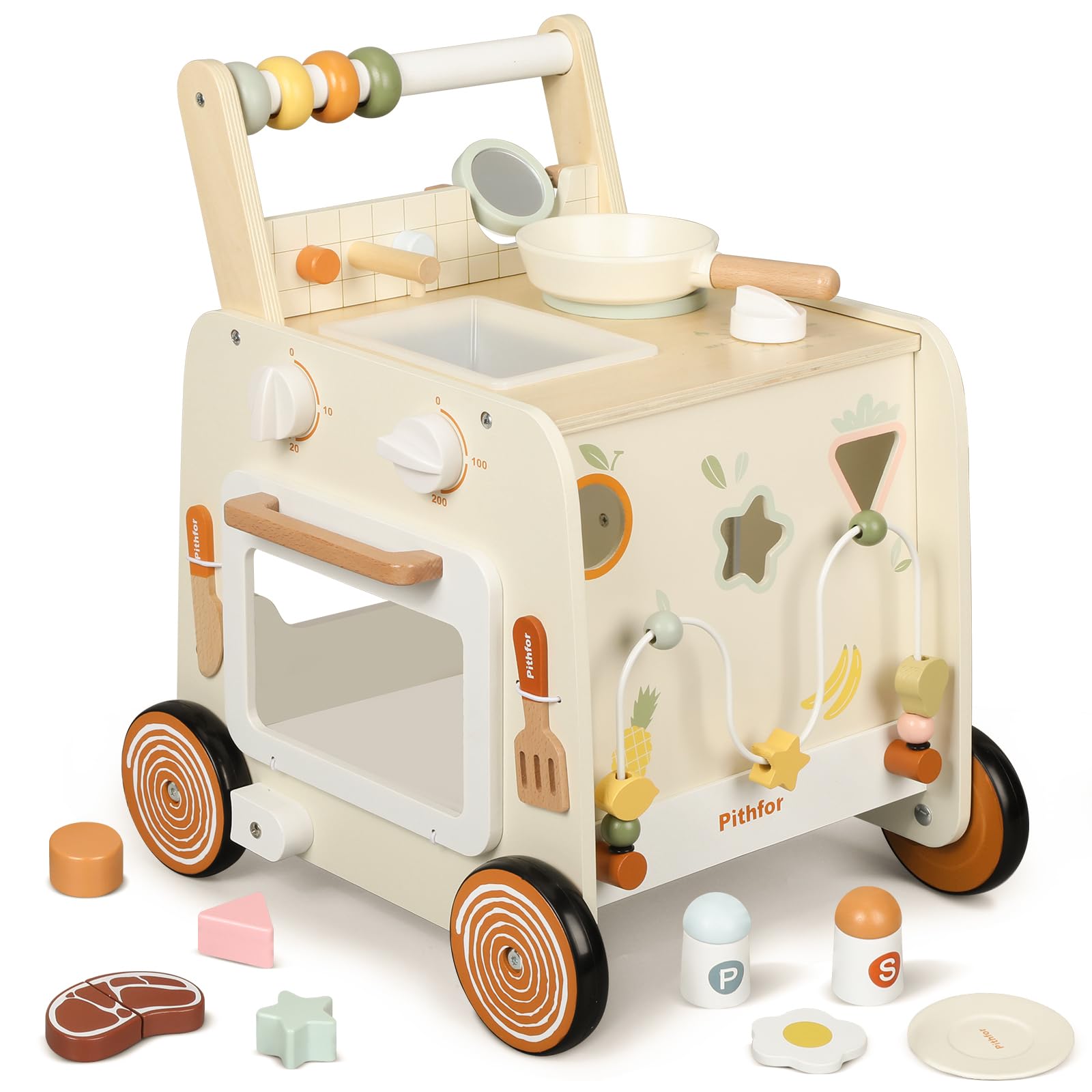 Photo 1 of Pithfor Wooden Baby Walker, 3-in-1 Baby Push Walker, with Pretend Kitchen, Montessori Sensory Activity Center, Push Walker Toys for Babies Learning to Walk, Sit-to-Stand