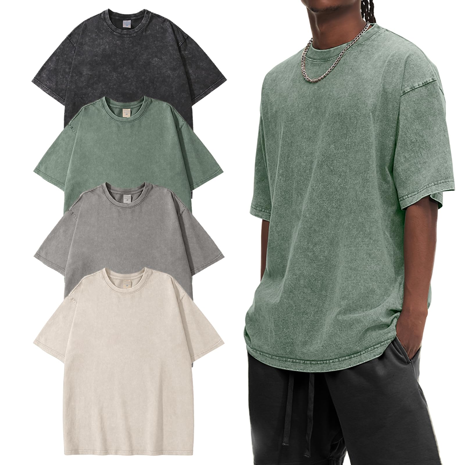 Photo 1 of **2 PIECES**Eisctnd 4 Pack Men's Oversized T-Shirts Heavy Cotton Vintage Tee, Loose Fit Baggy Short Sleeve Casual Streetwear Unisex Tops(4-Black+Beige+Grey+Green-XL)