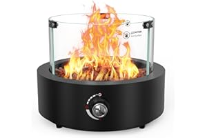 ONLYFIRE OUTDOOR LIVING Tabletop Propane Gas Fire Pit with Glass Wind Guard & Lava Rocks, Portable Smokeless Gas Fireplace Side-Mounted for Patio Backyard Camping Bonfire RV Tailgating, Round FP038