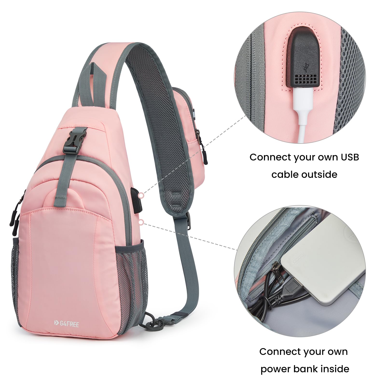 G4Free Sling Bag RFID Crossbody Sling Backpack with USB Charging Port, Travel Hiking Daypack Shoulder Chest Bag for Women Men(Pink)