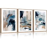 KAIRNE Blue Abstract Neutral Framed Canvas Wall Art Set, Navy Abstract Wall Decor, Watercolor Blue and Brown Wall Painting, Modern Textured Art Prints for Living Room, Bedroom, Office - 16"x24"x3