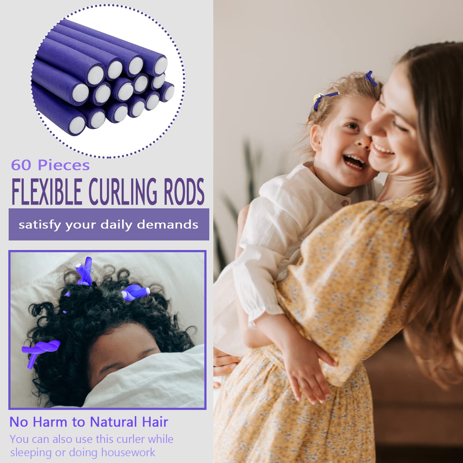 60 Pieces Flexible Curling Rods Twist Foam Flexi Rods No Heat Hair Rods Hair Rollers and Steel Pintail Rat Tail Comb for Long Hair Short Hair Women Girls (9.45 x 0.31, Purple)