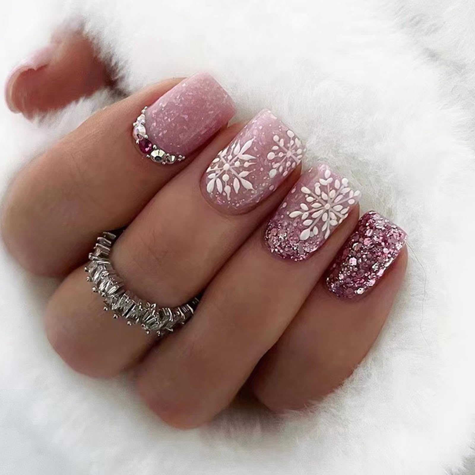Ceboic 24Pcs Christmas Press on Nails Short Square, Glossy Pink Glitter False Nails with Rhinestone and Snowflake Designs, Removable Stick on Nails Acrylic Full Cover Fake Nails for Women Girls