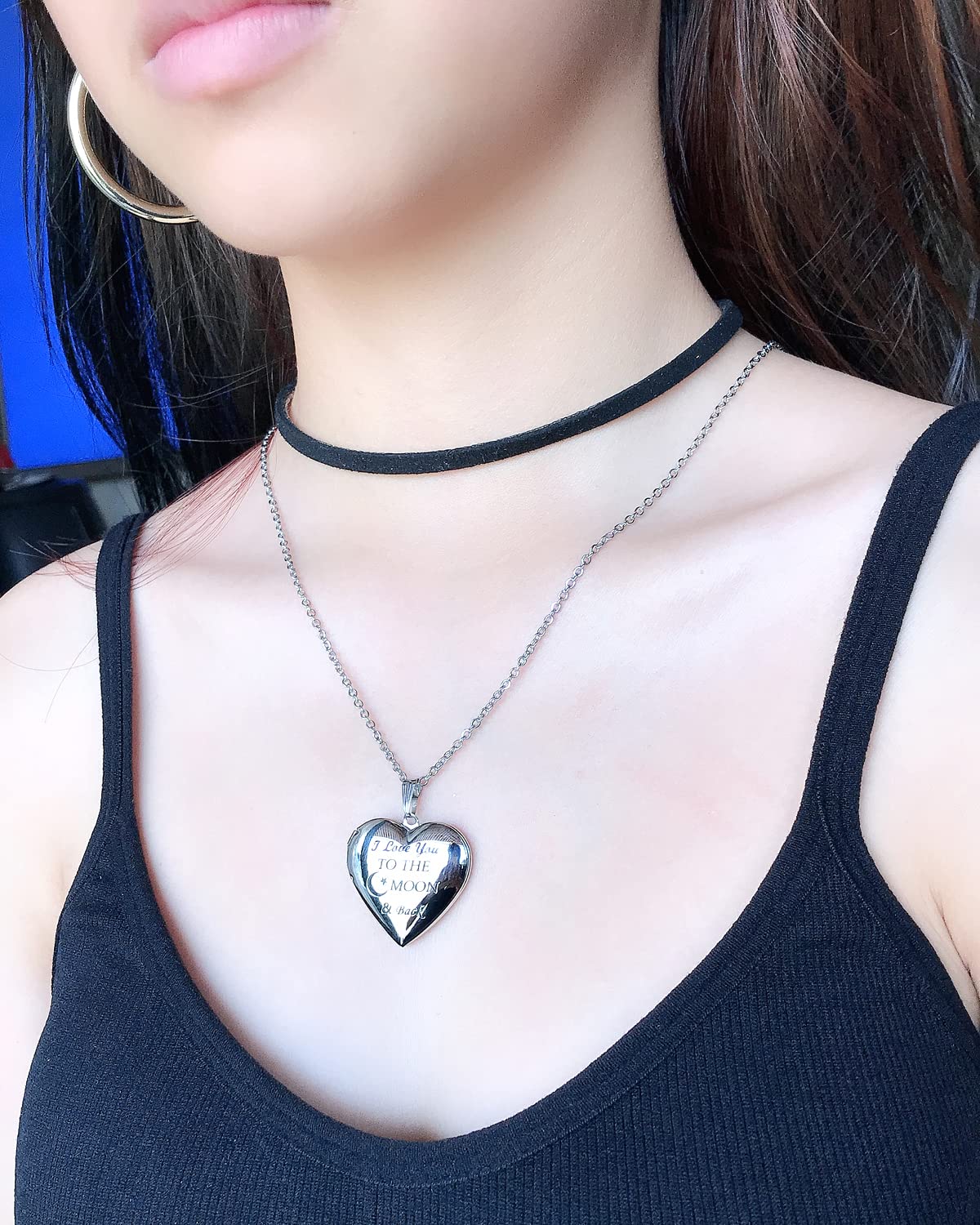 YOUFENG Love Heart Locket Necklace That Holds Pictures Engraved I Love You to the Moon and Back Photo Lockets