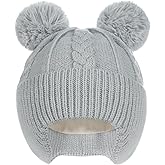 Creekstone Baby Beanies Toddler Pom Pom Beanie with Ear Flaps Warm Cute Fleece Lined Kids Winter Hat for Baby Girls Boys
