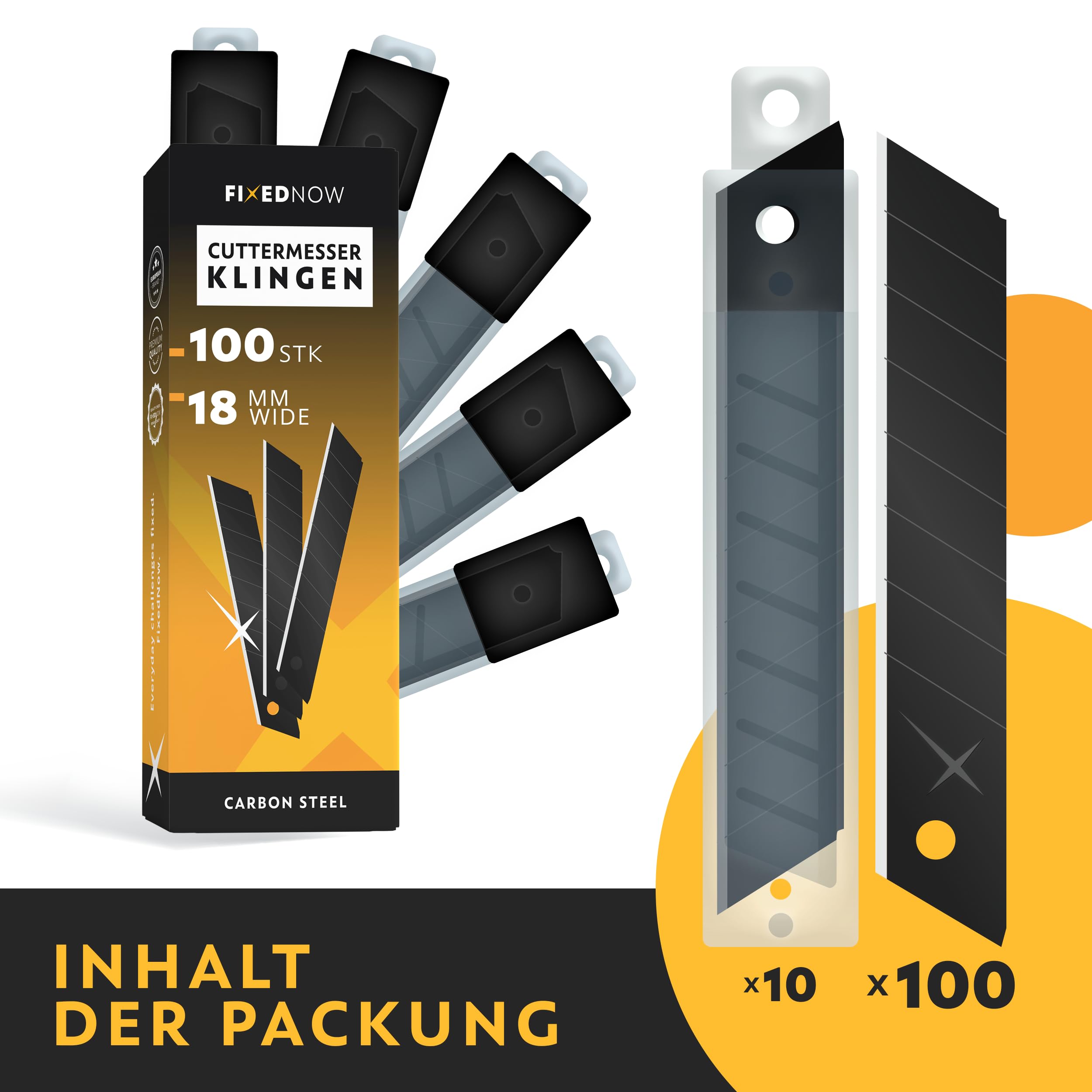 FixedNow 100 x Cuttermesser Klingen 18mm extra scharf aus japanischem Carbonstahl I Profi Abbrechklingen schwarz für Cutter Messer & Teppichmesser I Kattermesser Ersatzklingen, Knife Blade 2