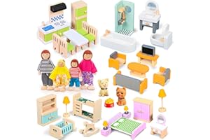 HAPGFS 36PCS Wooden Dollhouse Furniture Set with 4 Flexible Family Dolls - 5 Room Realistic Doll House Accessories for Toddlers 3 4 5 6 , Pretend Play Toys Gift for Birthday and Christmas