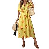 Dokotoo Women's Summer Short Sleeve V Neck Casual Boho Dresses Elastic High Waist Floral Flowy Maxi Dresses with Pockets