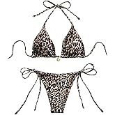 BEAUDRM Women's 2 Piece Leopard Bikini Sets Cheetah String Triangle Halter Swimsuit Bathing Suit Summer Outfits