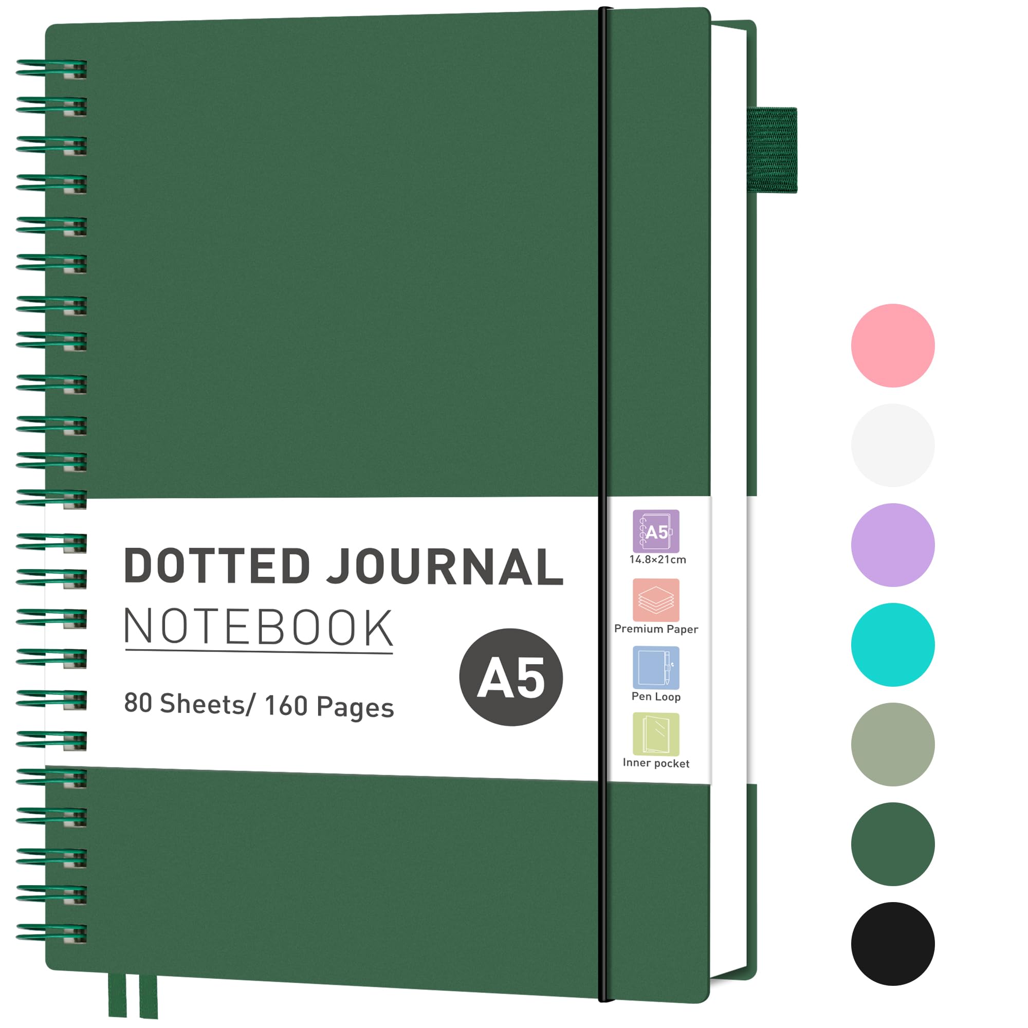 RETTACY Notebook A5 Bullet Dot Journals for Women, Grid Wirebound Spiral Notebook 160 Pages for Writing,PVC Pocket,Pen Loop,Bookmark, for Note Taking School Office Supplies,14.5 x 20.7cm-Dark Green