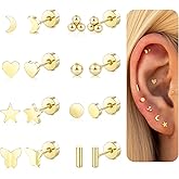 Flatback Stud Earrings for Women Hypoallergenic Gold Silver Surgical Stainless Steel Screw Back Earrings Stack Small Cute Star Heart Butterfly Stud Sets for Helix Cartilage Multiple Piercing