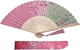 Kibon Folding Fan Handheld Silk Bamboo Tassel Pink 8.3 15in for Props Gift