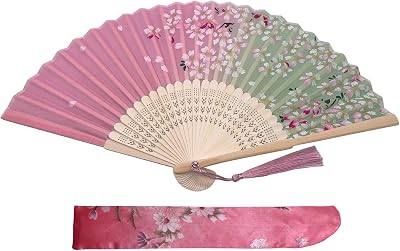 Kibon Folding Fan Handheld Silk Bamboo Tassel Pink 8.3 15in for Props Gift