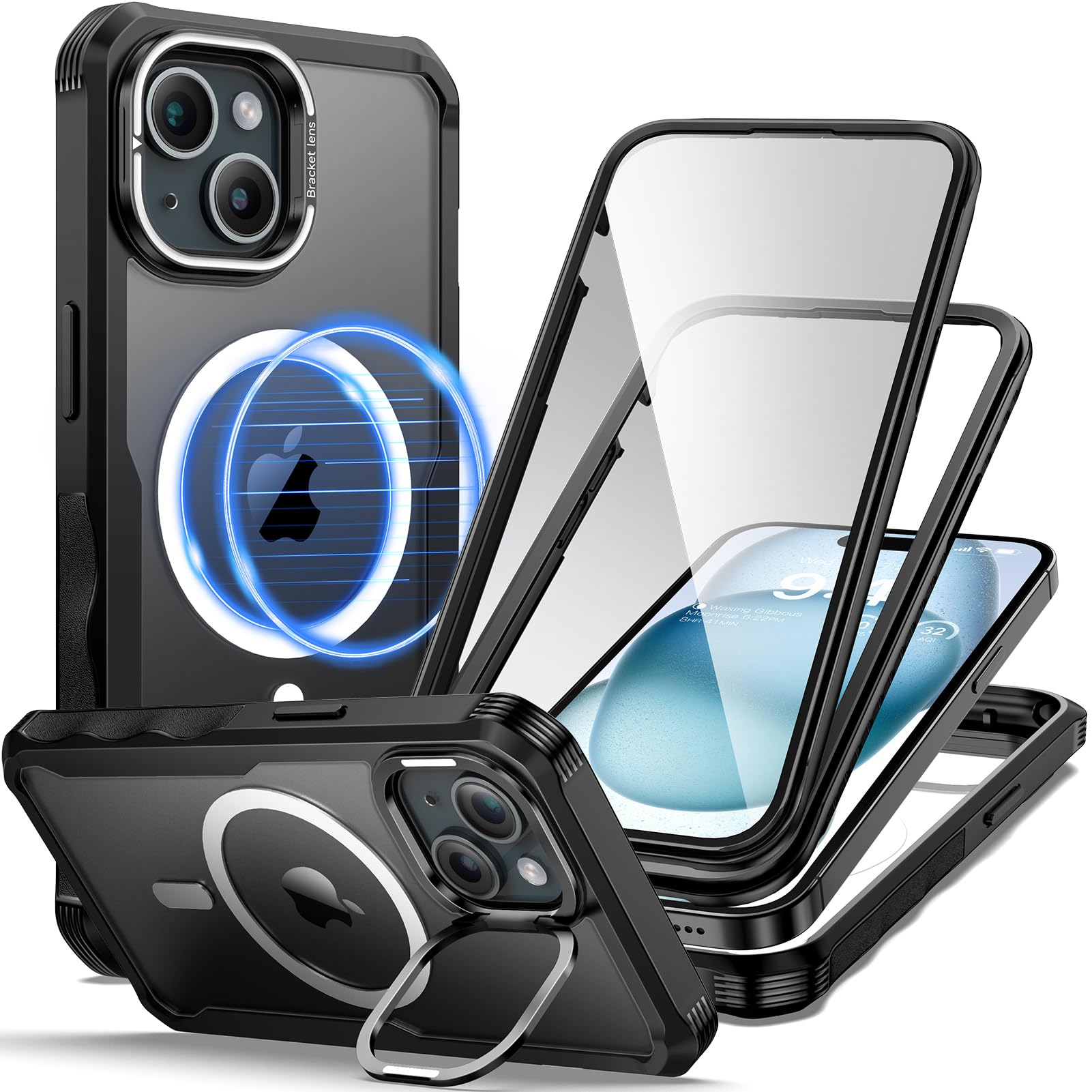 seacosmo Magnetic for iPhone 15 Case, Full Body Protection with Built-in Screen Protector + Front Frame + Camera Cover, Heavy Duty Shockproof Cover for iPhone 15 with Stand, Fit for MagSafe, Black